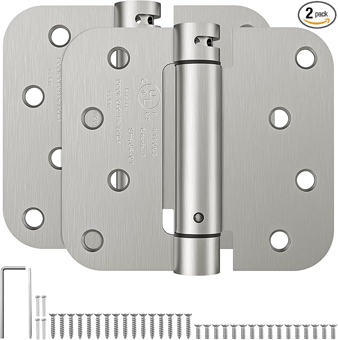 HOSOM Self Closing Spring Loaded Hinges, 4 Inch, Adjustable Tension for Garage, Front, Back Door, UL Listed, Left and Right Hand, 5/8'' Radius Corners, Brushed Nickel, 2 Pack
