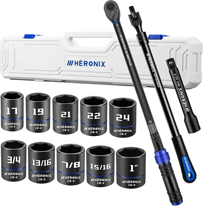 13PCS 1/2-Inch Drive Click Torque Wrench Set (30-300 ft-lb / 40.7-406.8 Nm), Tire Change Kit with 1/2" Breaker Bar, 5" Extension & 10 Metric/SAE Sockets for Auto, Truck & Lug Nut Repair