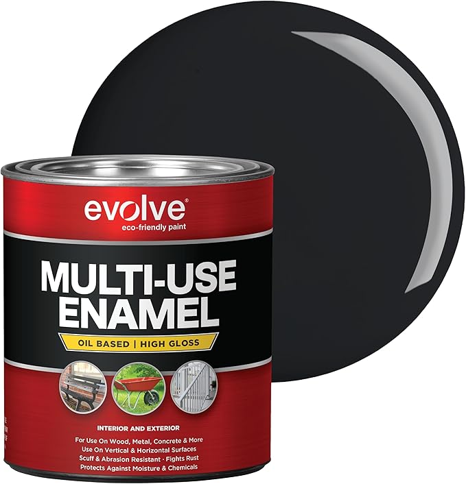 EVOLVE Multi-Purpose Alkyd Enamel – Interior Exterior Oil-Based Paint for Wood, Metal, Concrete, & Masonry, High-Gloss, Rust & Abrasion Resistant (Gloss Black, 1 Quart)