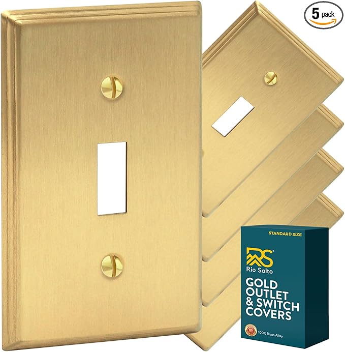 Rio Salto BRASS Deco Collection Gold 1-Gang Toggle Light Switch Plate 5 Pack Standard Size 4.5" x 2.75" Flip Switch, Brushed Brass Gold Decorative Wall Plate, Luxury Premium Metal Cover
