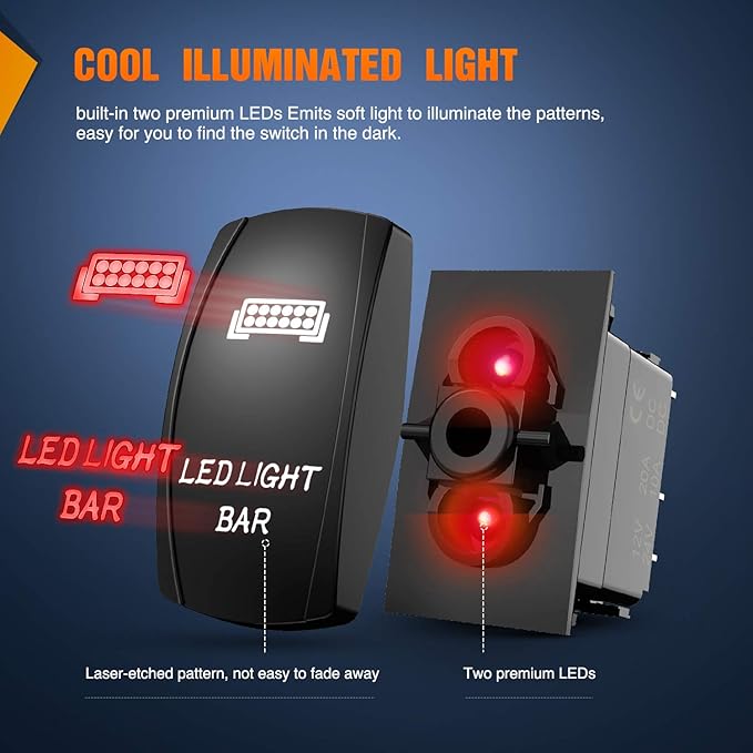 Nilight 90001R LED Light Bar Rocker Switch Red 5Pin Laser On/Off LED Light 20A/12V 10A/24V Switch Jumper Wires Set