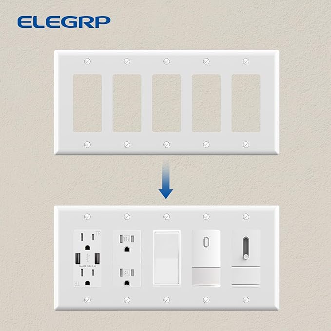 ELEGRP 5-Gang Decorative Wall Plates, Standard Size 4.52" H x 10.03" L Unbreakable Thermoplastic Faceplate Cover for Decorator Receptacle Outlet Switch, UL Listed (1 Pack, Glossy White)