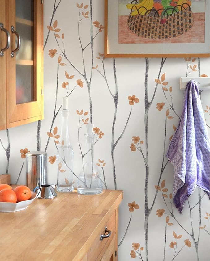 Timeet Peel and Stick Wallpaper White and Orange Floral Wallpaper Boho Leaf Contact Paper Self Adhesive Removable Wall Paper for Bedroom Bathroom Cabinet Wall Decoration 16"x197"