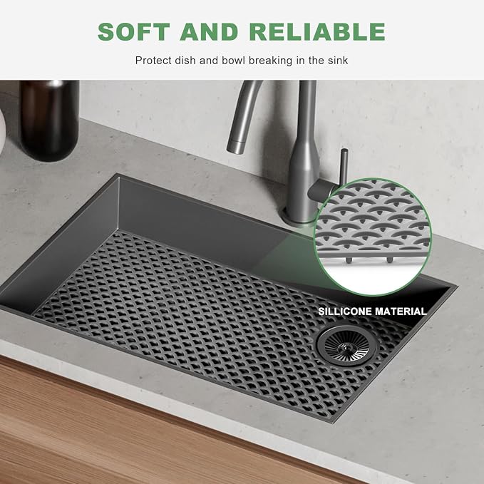 Sink Protectors for Kitchen Sinks - Large 28.4“ x 15” with Right Side Top Hole Heat Resistant Easy to Clean Non-Slip Kitchen Sink Mat for Kitchens Sinks Stainless Steel Bottom (Grey) - 72x38CM