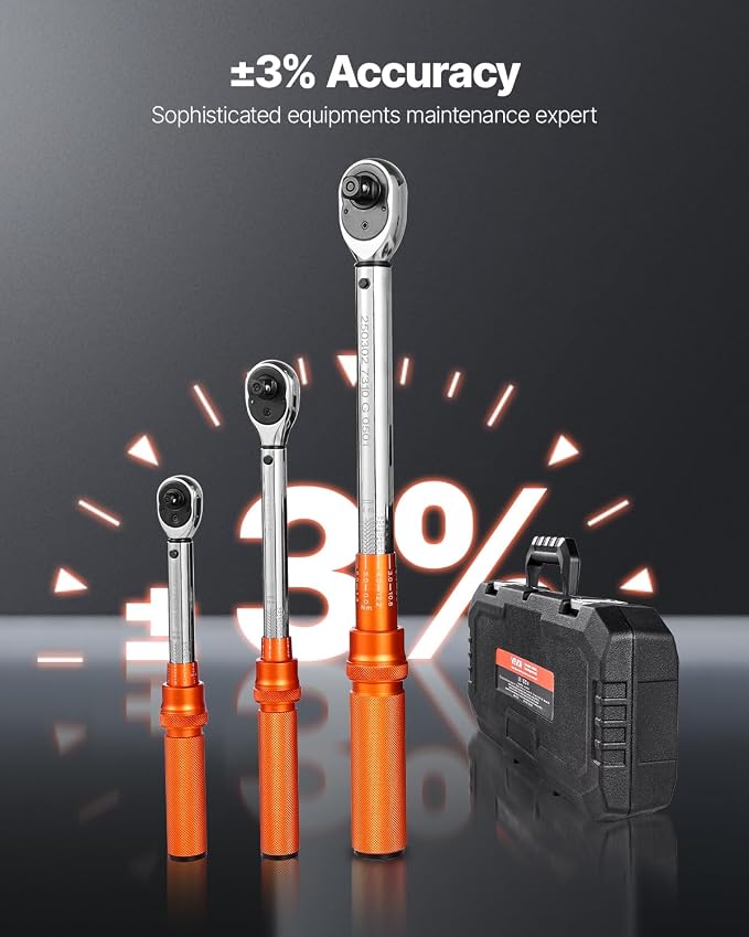 VEVOR 1/4 3/8 1/2 Inch Drive Torque Wrench, 3Pcs Click Torque Wrench Set 20-240IN-LB, 5-45FT-LB, 10-170FT-LB, Dual-Direction Adjustable 72 Tooth for Bicycle, Moto and Car Maintenance
