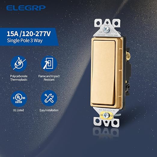 ELEGRP Matte Champagne Gold 3 Way Decorator Light Switch, 15A 120-277V, Paddle Rocker Switch Replacement, On/Off Wall Switch, Self-Grounding, Residential Grade, UL/CUL, 10 Pack