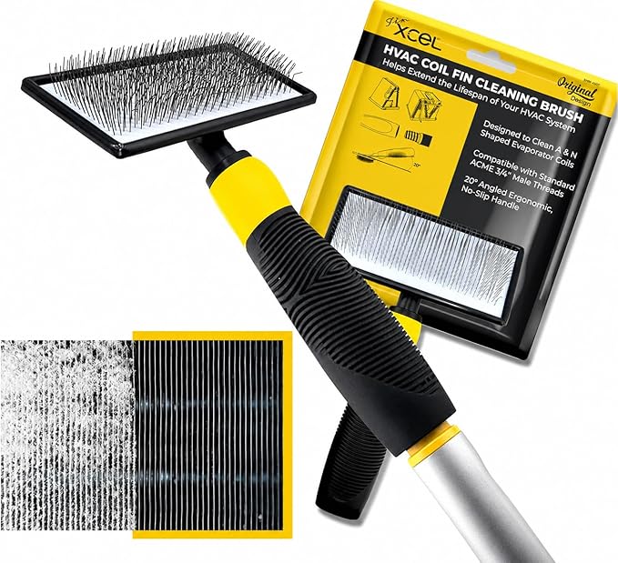 Coil Cleaning Brush for HVAC & AC – Evaporator & Condenser Coil Cleaner Tool, 135° Stainless Steel Pins, Heavy-Duty for Tight Spaces, Safe for Delicate Fins, ACME Pole Compatible