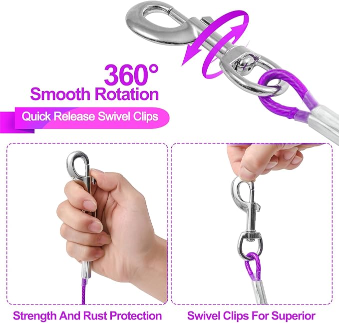 Tie Out Cable for Dogs,10/20/30/50/100FT Dog Leads for Yard Chew Proof,Heavy Duty Tie Out Cable for Large Dogs Up to 125lbs,Dog Runner Tether (Purple, 125Ibs 30ft)