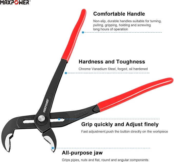 MAXPOWER 7" 10" 16" Water Pump Pliers Set, Push Button V Jaw, Quick Release | 3-Piece Adjustable Tongue and Groove Pliers with Carrying Bag, Plumbing Tool for Homeowner Plumber HVAC Mechanic