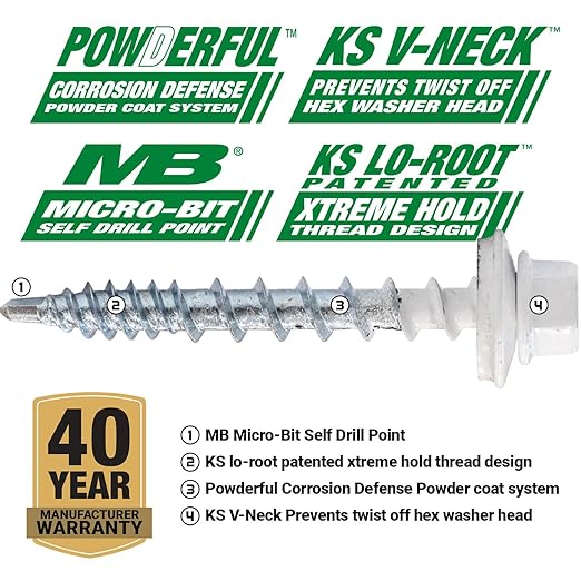 Fasteners Plus ST Fastening #10 x 1-1/2" Kwikseal Woodbinder Metal Roofing Screws Metal-to-Wood Bright White (Pack of 250)