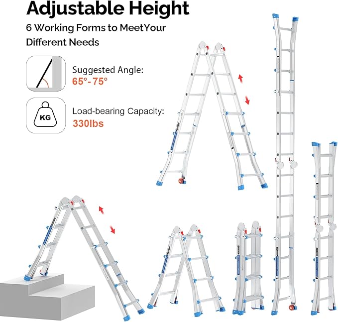 LUISLADDERS Ladder, A Frame Step Ladder Telescoping Ladder, Muti Position Folding Ladder Flared Leg & Wheels Design, 330 lbs Capacity Extension Ladder for Household Outdoor Work (17 FT)