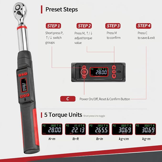 3/8" Digital Torque Wrench Set, ±2% Accuracy, 7.4–154.9 ft-lb (10–210Nm), 14/16mm Spark Plug Sockets, 6" Extension Bar, 3/8 Universal Joint for Auto & Motorcycle Repair