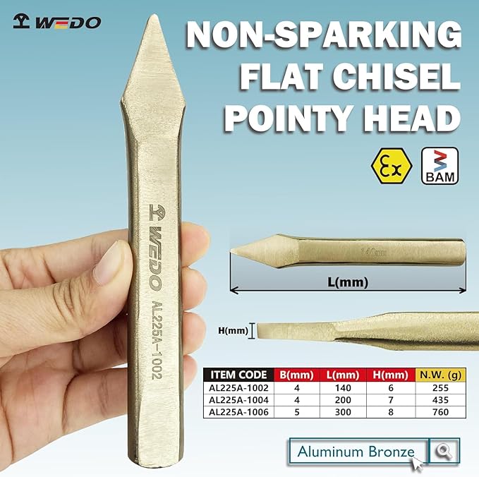 WEDO Non-Sparking Flat Chisel Pointy Head,Cold Chisel,Aluminum Bronze,4x6x140mm,BAM & FM Certificate,Cone Chisel for Carpentry, Metalwork, Woodwork & Masonry work