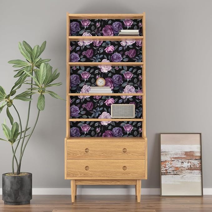 Vintage Dark Purple Rose Floral Peel and Stick Wallpaper 17.5"x118" | Self Adhesive/Removable/Waterproof/Thick Vinyl Contact Paper for Bathroom Bedroom Shelf Cabinet Drawer,Prepasted,Easy Peel