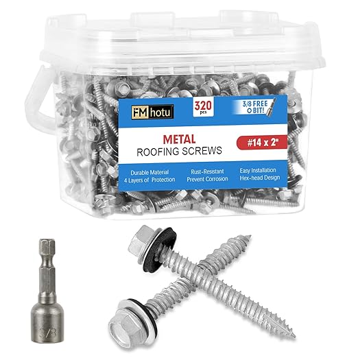 FMhotu Metal Roofing Screws #14×2Inch, 500-PCS, Hex Head Rustpert Coating Sheet Metal to Wood Siding Screw with EPDM Rubber Washer, Sharp Point, Hex Socket Included