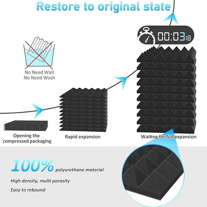 JBER 24Pack Pyramid Sound Proof Foam Panels, 2" X 12" X 12" Self-Adhesive Acoustic Wall Paddings for Home Office Studios (Black)