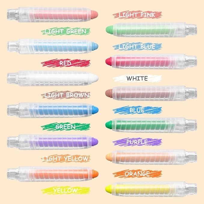 Dustless Chalk for Kids Toddlers - Colored Sidewalk Chalk with Holder 12 Pcs Non-Toxic Washable Outdoor Toddlers 1-3 Toys Gifts for Girls Boys Teens Drawing Art Supplies Art Crafts 4-8 8-12 10-12