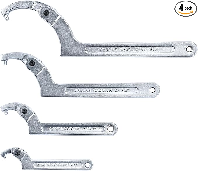 4 Pieces Adjustable Pin Spanner Wrench Tool Set | 3/4" to 6-7/10" C Pin Spanner Hook Wrench Tool for Pipes Heating, Vehicles, Mechanical Equipments (Round Head)