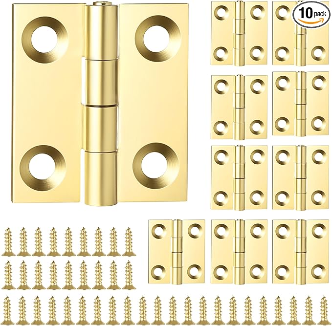 10 Sets Small Hinges with Screws Mini Brass Hinges Jewelry Box 1 Inch Mini Folding Butt Hinge DIY Accessories for DIY Boxes Gate Drawer Furniture Woodworking Craft Project (Gold)