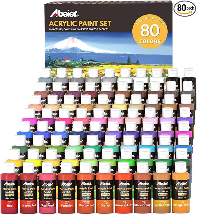 ABEIER Acrylic Paint Set, 80 Colors (2oz/60ml) Artist Quality Paint with 11 Metallic & 4 Fluorescent, Great Coverage Matte Finish Craft Paint for Adults Students on Canvas Wood Rock Ceramic