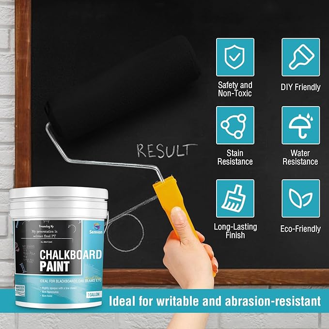 Chalkboard Paint 1 Gallon Black Chalk Board Paint for Wood, Metal, Glass, Wall, Plaster Boards Sign, Frame, Interior/Exterior, Built-in Primer & Top Coat, Black Matte, Acrylic 330 sf with Tools kits