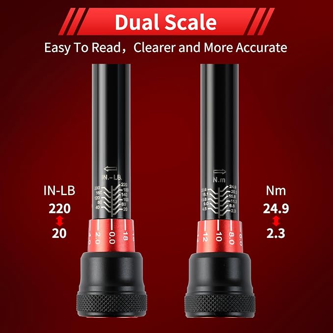 Hairich 1/4-Inch Torque Wrench, Dual-direction Small Torque Wrench 20-220in.lb/2.3-24.9Nm, 72 tooth High Precision Professional with Dual Range Scales | 72 tooth High Precision Professional with Dual Range Scales,Dual-direction Small Torque Wrench