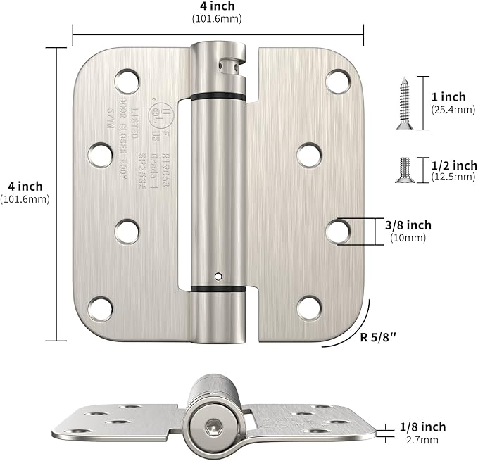 goldenwarm 3 Pack 4 Inch Satin Nickel Brushed Self Closing Door Hinges with 5/8'' Radius Corners - Adjustable Tension Soft Close Hinges for Interior/Exterior Doors, Durable & Quiet Closure