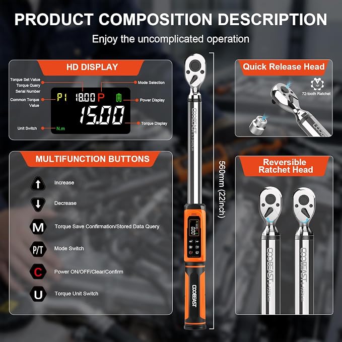 coobeast 1/2 Drive Digital Torque Wrench(3.76-250.8 Ft.lbs./5.1-340Nm) | Preset Value Torque Wrench with ±2% accuracy, Buzzer and LED Flash Five Units of Measure for Motorcycle, Auto Repair