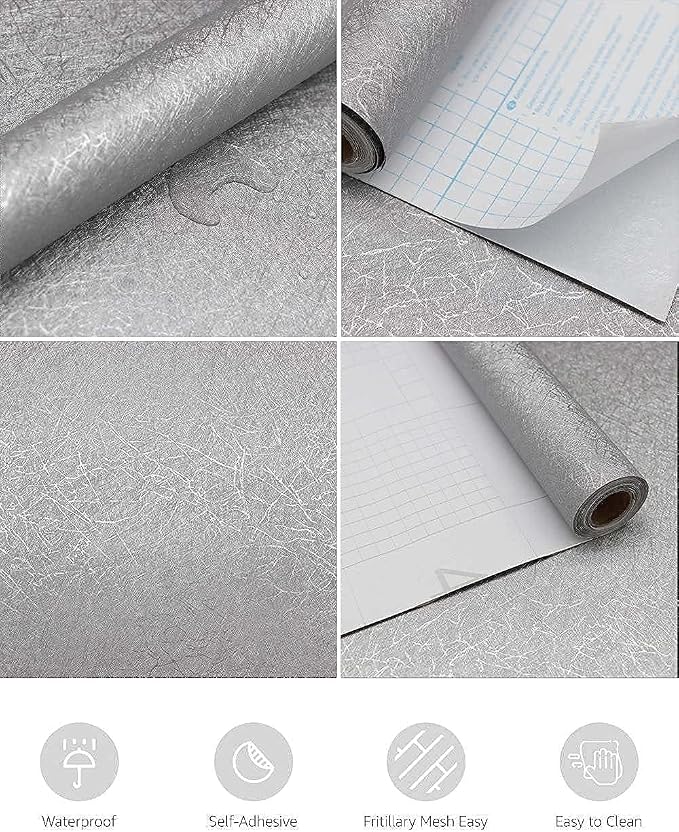 Silver Grey Wallpaper Peel and Stick Embossed Self Adhesive Contact Paper | 11.8" X 78.7" Removable Home Decoration Silk Vinyl Wrap Cabinet Countertops Furniture Renter Friendly Shelf Paper