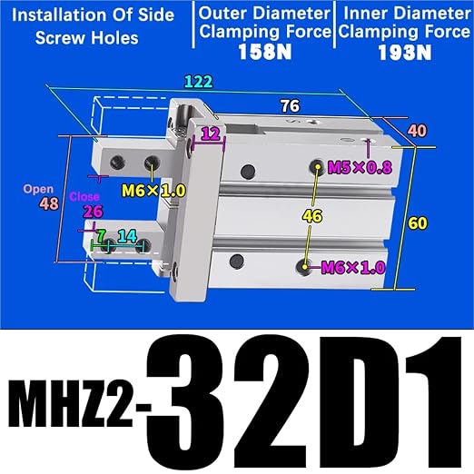 1PCS MHZ2 Pneumatic Finger Cylinder Parallel Gripper MHZ2-10/16/25/32/40D1/D2/D3 Side Thread Aluminium Clamps(MHZ2-32D1)