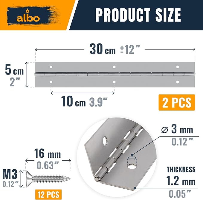 ALBO 12 Inch Silver Heavy Duty Piano Hinge Continuous Stainless Steel 304 (2-Pack), Surface Mount Cabinet Hinges Silver 12"x2" for Tool Box, Small Chest, Jewelry Box & Display Case, Rustproof Hardware