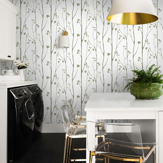 Timeet Green White Leaf Floral Boho Wallpaper 16" x 393.7" Self-Adhesive Removable Peel and Stick for Walls Covering