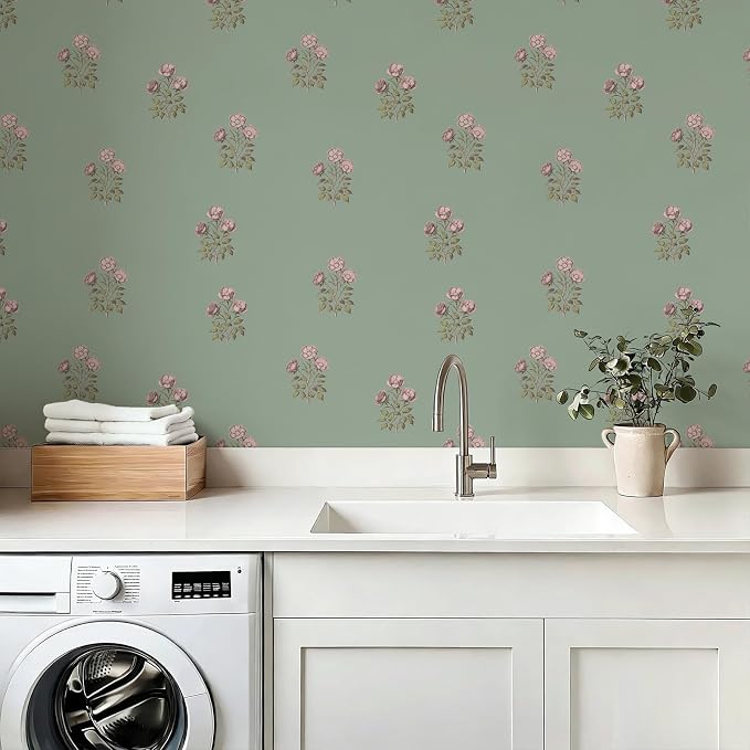 17.3" x 118.1" Vintage Floral Wallpaper Peel and Stick Boho Wallpaper Removable Waterproof Green Rose Pattern Contact Paper for Bedroom, Bathroom, Home Wall