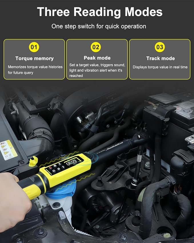 Digital Torque Wrench 3/8" Drive, 1.5-99.5 FT.Lb - 5 Units with Color Screen, Vibration/Buzzer/LED, 5" Extension & 3/8 to 1/2 Adapter, 3/8 Torque Wrench ±2% Accuracy for Car, Motorcycle, Bike Repair