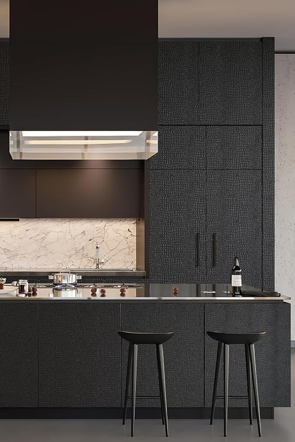 Zeeko Black Peel and Stick Wallpaper 35.4" x 400" Removable Crocodile Wallpaper Embossed Contact Paper Textured Wall Paper for Cabinet Bedroom Bathroom