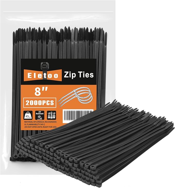 8 Inch Black Zip Ties 2000 Pack, 45 LBS Tensile Strength, Self-Locking Nylon UV Resistant Cable Ties for Indoor and Outdoor