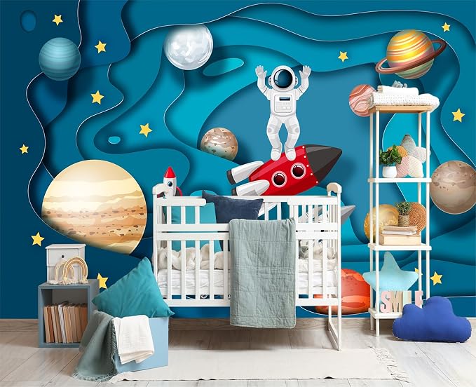 YIHWM-Peel and Stick Cartoon Planet Wallpaper Outerspace Astronaut Mural | Tear-resistant,with a substantial feel;Will not be damaged during repositioning.Boy's Room,kids room wallpaper.L-137"x96"