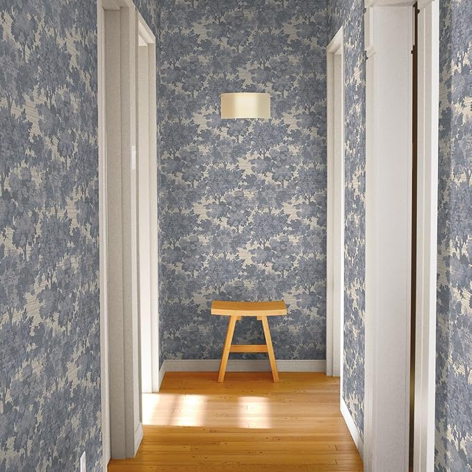 Tempaper Textured Blue Canopy Toile Faux Grasscloth Removable Peel and Stick Wallpaper, 20.5 in X 16.5 ft, Made in The USA