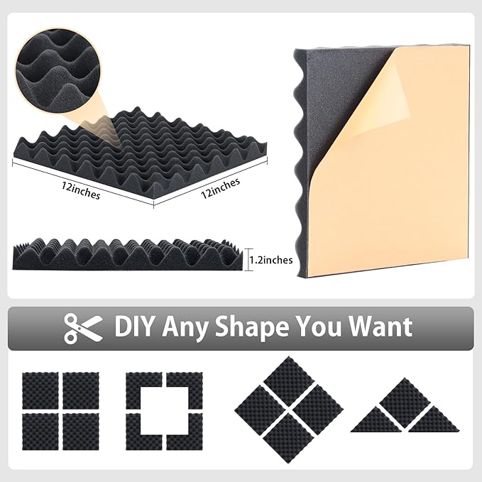 SD SODOCT 24 Pack Self-Adhesive 12" X 12" X 1.2" Egg Crate Soundproof Wall Panels for Studio, Room Acoustic Treatment Foam, Sound Absorbing Foam Black