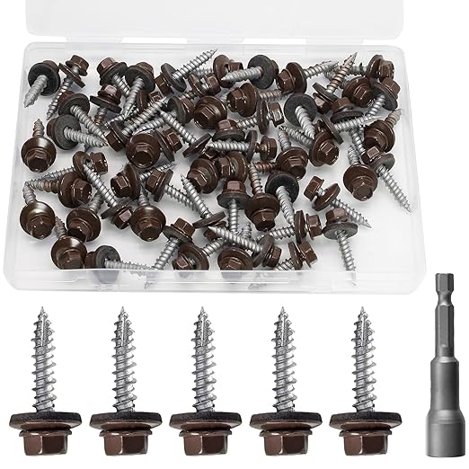 60 PCS #10×1" Metal Roofing Screws, Brown Painted Hex Head Sheet Roof Screws with EPDM Washer Self Starting Metal to Wood Siding for Corrugated Roofing