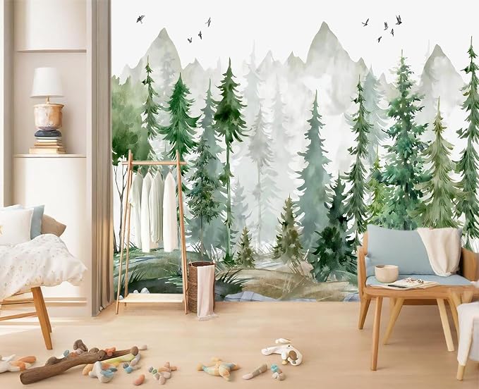 YIHWM-Peel and Stick Nursery Forest Wallpaper Watercolor Pine Tree Mural | Tear-resistant,with a substantial feel;Will not be damaged during repositioning.Boy's Room,kids room wallpaper.L-137"x96"