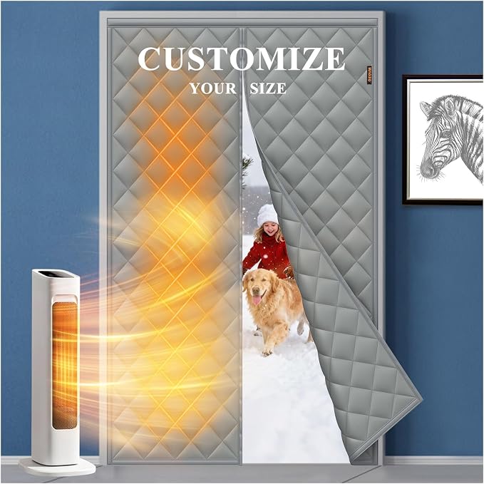 Customizable Magnetic Thermal Insulated Door Curtain, 5 Layers Oxford&Cotton Cover Blanket Insulation for Winter/Doorway/Attic/Patio/Sliding Glass/Front/Back/French Doors, Keep Cold Air Out, Grey