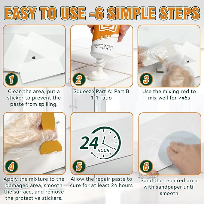 Porcelain Repair Kit White, Waterproof Bathtub & Tile Repair Kit for Tub, Enamel, Fiberglass, Acrylic, Porcelain, Ceramic, Marble, Granite, Resin, Quartz, Chips, Dents, Cracks, Patch, Hole (50g+50g)