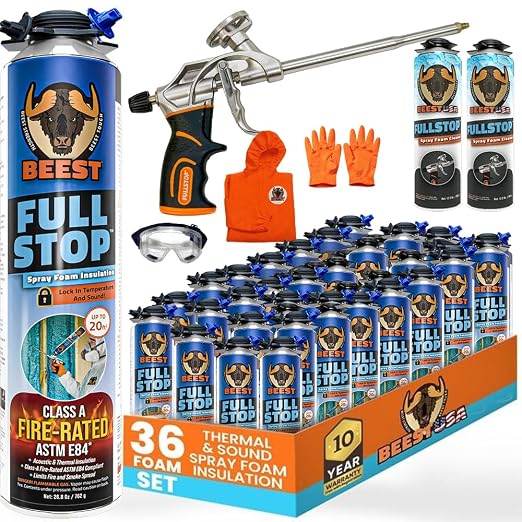 BEEST FullStop Spray Foam Insulation Kit for Walls and Attic - Fire Rated - 720 Board ft/sq.ft Perfect Heat & Acoustic Insulation - 36x Spray Foam Can, 2X Cleaner, Pro Gun & Safety Gear