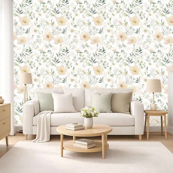 Floral Peel and Stick Wallpaper 17.7in x 393.7in | Watercolor flower removable self adhesive design for cottagecore bedroom accent walls