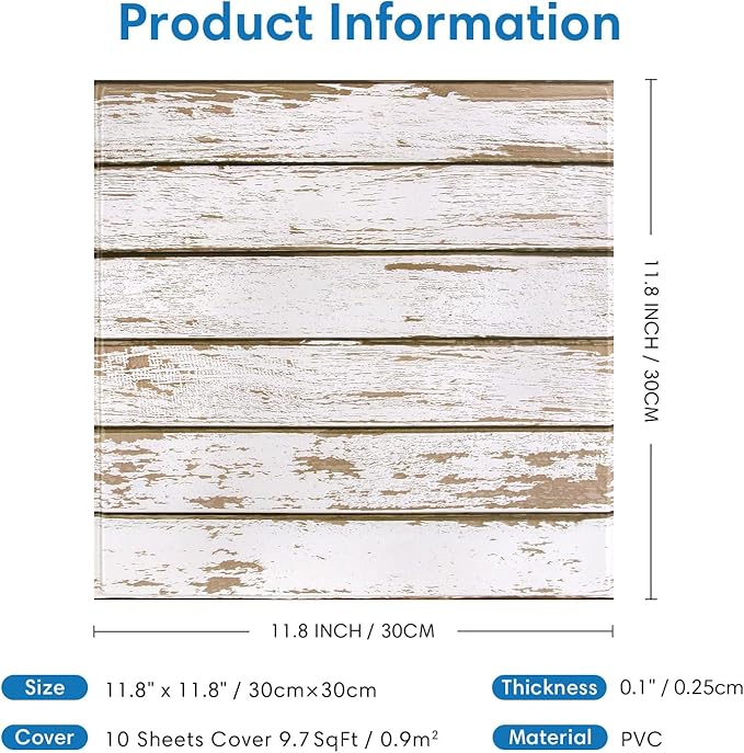 COMSTICKC Peel and Stick Faux Wood Wall Sticker Wall Panels, 10 Pcs of 12" x 12", Ultra-Light Thin PVC 3D Fake Wood Shiplap Self-Adhesive Wall Covering Wallpaper for Interior Farmhouse Decor