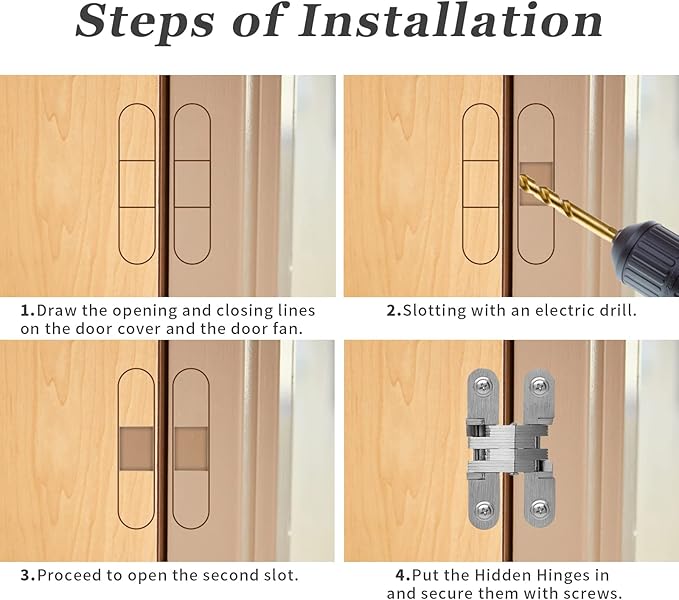 1-3/4" Hidden Hinge Stainless Steel 180 Degree Invisible Cross Hinges for Kitchen Cabinet Door Frameless Concealed Hinge with Screws, 4pcs