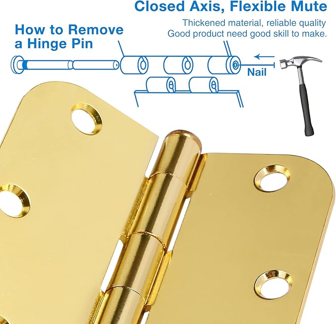 Door Hinges Polished Brass 3.5 Inch Door Hinges Gold 6 Pack 5/8" Radius Corners 3-1/2 Interior Door Hinge for Doors Bedroom Yellow Shiny Luxury Residential Door Hardware Bright Brass Hinge JIW