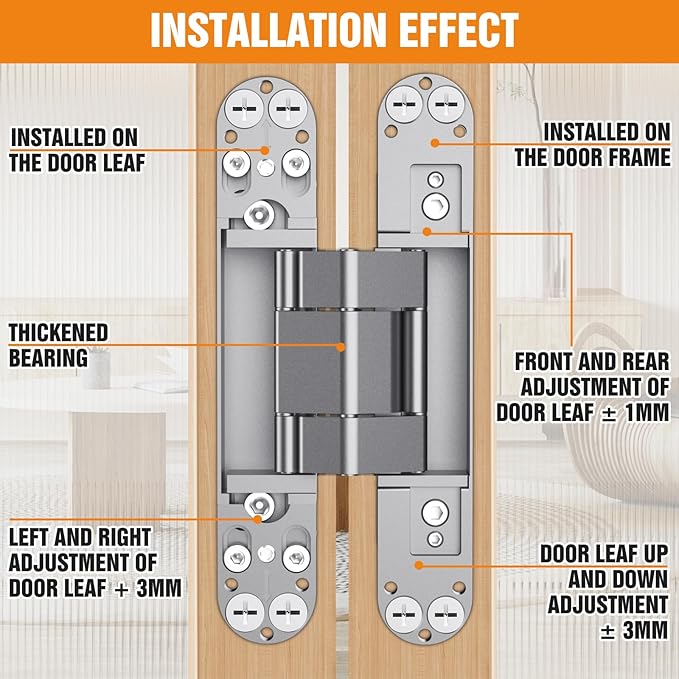 7" Hidden Door Hinge/Concealed Hinges,Invisible Hinges,Invisible Door Silent 180 Degree Swing Hinge 3-Way Adjustable Butt 7 x 2.8 x 1 (Silvery, 7 inches)