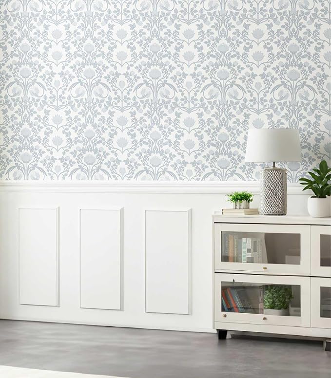 YXTII 17.3"×236.2" Blue Floral Peel and Stick Wallpaper, Damask Boho Wall Paper Vintage Wallpaper for Bedroom Bathroom Self Adhesive Removable